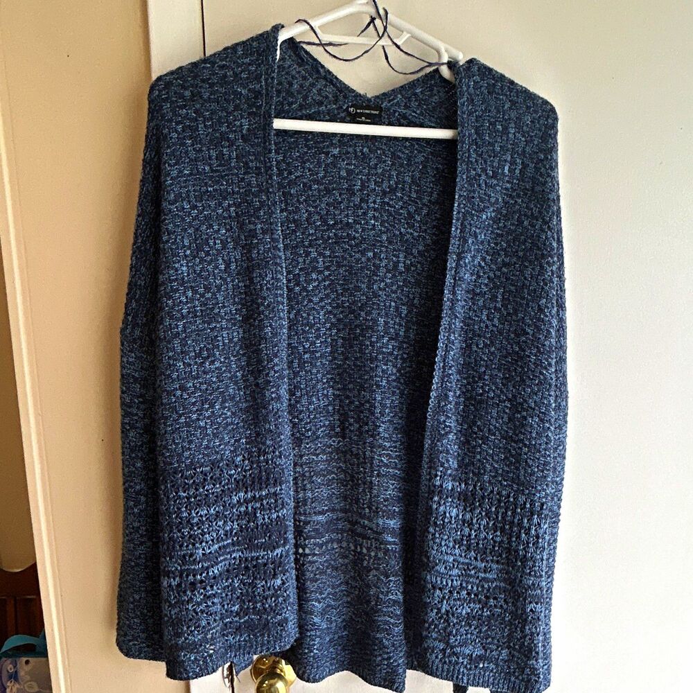 New Directions Blue Acrylic Knit Open Front V-Neck Cardigan Long Sleeve XL